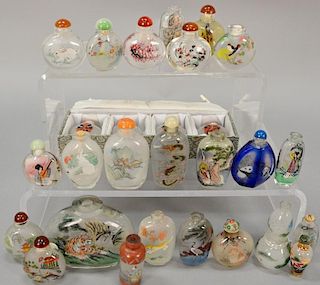 Collection of twenty-eight inside painted glass and crystal snuff bottles having reverse painted figures and animals etc.