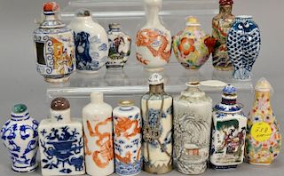 Collection of fifteen porcelain snuff bottles to include five blue and white, famille rose, enameled Japanese, one molded with drago...