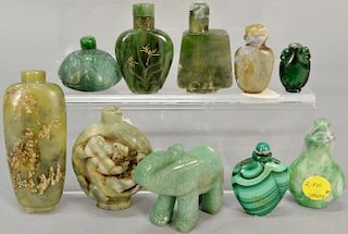 Ten carved hardstone snuff bottles to include malachite, jade, jadeite, etc.  ht. 1 1/4in. to 4in.