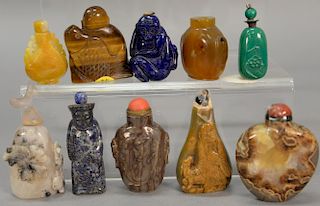 Ten carved snuff bottles including lapis, tiger eye, agate, hardstone, etc.  ht. 2 1/4in. to 2 3/4in.