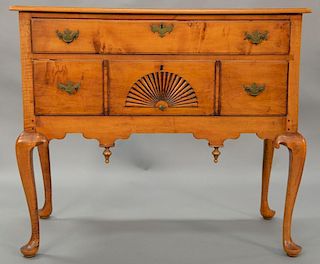 Queen Anne highboy base having one long drawer over long drawer with three false drawer fronts with center fan carving all set on ca...