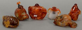 Six carved agate and hardstone snuff bottles, three in the form of a gourd or fruit, one with carved dragon, and one with carved foo...