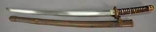 Japanese Samurai sword WWII era with military mounts and scabbard, signed. lg. 35in.