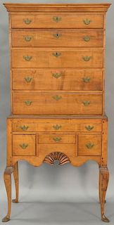 Queen Anne high chest in two parts, having cornice molded top over five drawers on lower section of one long drawer over three short...