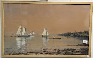 Edmund Darch Lewis (1835-1910), watercolor and gouache on paper, Landscape with Sailing Vessels off Shore, signed lower left: Edmund...