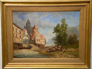 Alexandre Defaux (1826-1900), oil on canvas, Town Scene on Water's Edge with Figures, signed lower right: Defaux 1859, relined, 17 1...