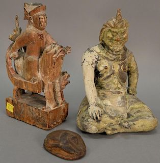 Three piece lot including two polychrome carved wood and gesso Oriental figures and a carved stone scarab. figures: ht. 9 3/4in. & 1...