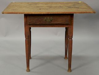Queen Anne tavern table with breadboard top over drawer on turned legs ending in button feet. ht. 26 1/2in., top 23" x 34 1/2"