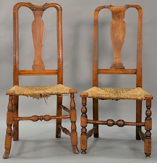 Two Queen Anne side chairs with rush seats, one having Spanish feet. seat hts. 16in. and 17in.