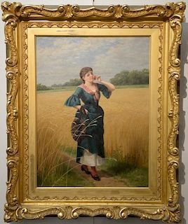 Samuel S. Carr (1837-1908), oil on canvas, Girl Smelling a Rose in a Hay Field, signed lower left: S.S. Carr, 24" x 18"