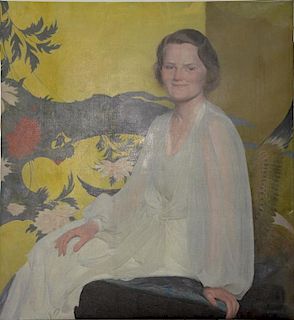 Frank Dumond (1865-1951), oil on canvas, Lady in White Dress with Oriental Background, signed lower right: F.V. Dumond 36, relined, ...