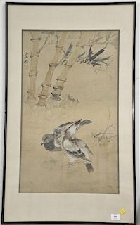 Oriental framed and matted watercolor on silk of pigeons amongst bamboo trees. sight size 25" x 12"
