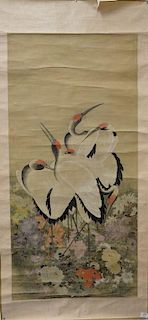 Oriental scroll, watercolor on silk of six cranes among blossoming wild flowers, seal mark center left, probably 19th century.  im...