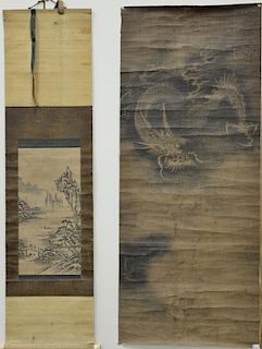 Two black and white scrolls, 18/19th century to include dragon watercolor on paper signed top right, image size 50" x 21" and waterc...