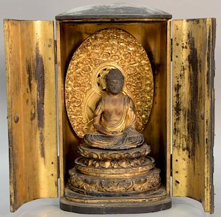 Japanese shrine with two doors and seated deity inside, seated on lotus base.  ht. 15 1/4in., wd. 9in.