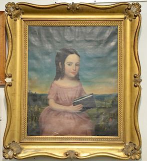 Pair of primitive portraits, oil on canvas, Jane and Esther Wheaton circa 1837 of Hartford, CT move to Gracie Mansion, N.Y.C. in 185...
