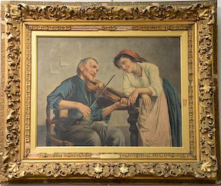 Jules Zermati (1880-1920), oil on canvas, Italian Interior Young Girl and Old Man with Violin, signed upper right: J. Zermati,17 3/4...