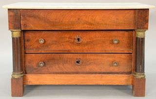 Miniature Empire chest, marble top over three drawers flanked by inlaid columns mounted with bronze, possibly a salesman sample. ht....