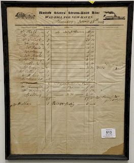 U.S. Steam Boat Line Way-Bill for New Haven, Thurs. Nov. 28, 1822, with hand written passenger names. 15 1/2" x 12 1/4"