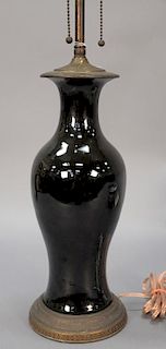 Chinese mirror, black glazed porcelain vase made into a table lamp. lamp ht. 13in.