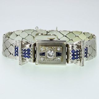 Lady's Circa 1940's Retro Approx. .75 Carat Diamond, 1.00 Carat Sapphire and 14 Karat White Gold Bracelet Watch