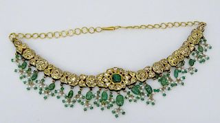Mughal style Approx. 10.0 Carat Rose Cut Diamond, Emerald Bead, Seed Pearl and 22 Karat Yellow Gold Necklace with Enameled Back.