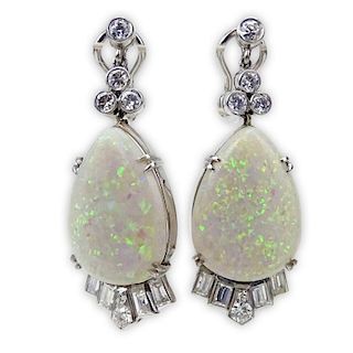 Vintage 1950's Large White Opal, approx. 2.0 Carat Round Brilliant and Emerald Cut Diamond and Platinum Pendant Earrings