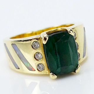 Green Tourmaline and 18 Karat Yellow Gold Ring with Small Round Cut Diamond and Opal accents