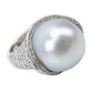 South Sea Pearl, Pave Set Diamond and 18 Karat White Gold Ring.