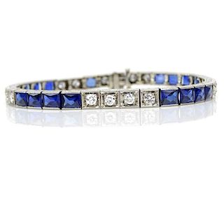 Art Deco French Cut Sapphire, Old European Cut Diamond and 18 Karat White Gold Bracelet. Sapphires with vivid saturation of color.