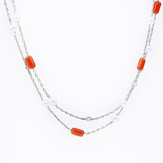Art Deco Platinum, Red Coral, Bezel Set Old European Cut Diamond and Pearl Necklace