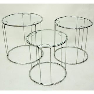 Attributed to: Milo Baughman, American (1923-2003) Set of Three (3) Chrome and Glass Nesting Tables