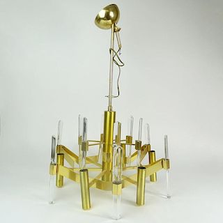 Mid 20th Century Sciolari Brass and Crystal Six Light Chandelier.