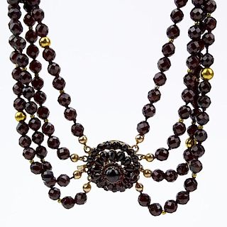 Vintage 1950's Garnet and 14 Karat Yellow Gold Necklace with 18 Karat Yellow Gold Beads