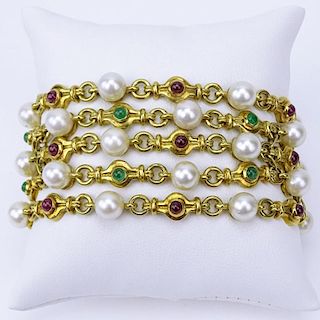 Vintage Italian Bulgari style Heavy 18 Karat Yellow Gold, Pearl, Cabochon Emerald and Ruby Bracelet