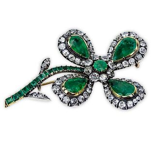 Large Antique Design Multi Cut Colombian Emerald, Old European Cut Diamond and Silver Four Leaf Clover Brooch