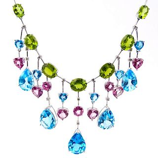 Multi Color Topaz and 14 Karat White Gold Necklace with Small Diamond Accents