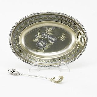19th Century Gorham Aesthetic Period Chased and Gilt Sterling Silver Olive Dish and Spoon Set