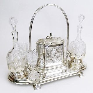 Fine Antique English Silverplate and Crystal Seven (7) Piece Decanter Set with Biscuit Box
