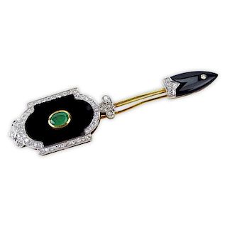 Vintage Pave Set Round Cut Diamond, Oval Cut Emerald, Black Onyx and 18 Karat Yellow Gold Brooch