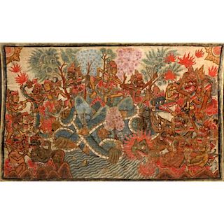 Large Antique Balinese Tribal Mythological Procession Painting on Textile