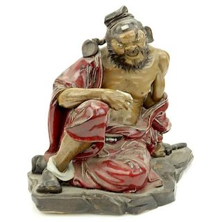 Shiwan Artistic Ceramic Factory Chinese Hand Painted Madman Figurine Holding a Drinking Cup