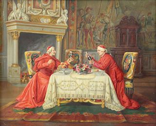 DUBREUIL, A. Oil on Canvas. Cardinals Sharing Wine