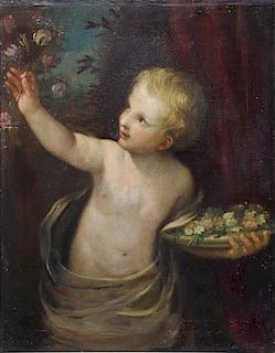 19th C. Oil on Canvas. Cherub with Flowers.