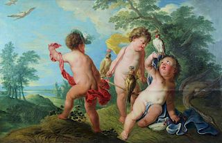Large 19th C. Oil on Canvas. Putti with Birds in