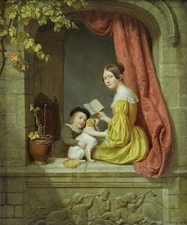 BRIAS, Charles. Oil on Panel. Woman with Boy and