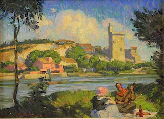 ENDRES, Louis. Oil / Panel. Riverside Picnic, 1924