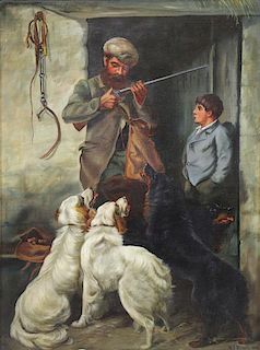 BROOK, H. J. Oil on Canvas. Hunter with Dogs.