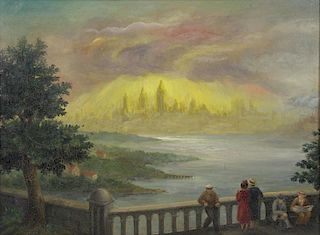 Early 20th C. Oil on Masonite. View of Manhattan