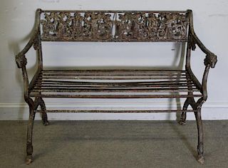 Antique Iron Bench with Rams Head Handles and